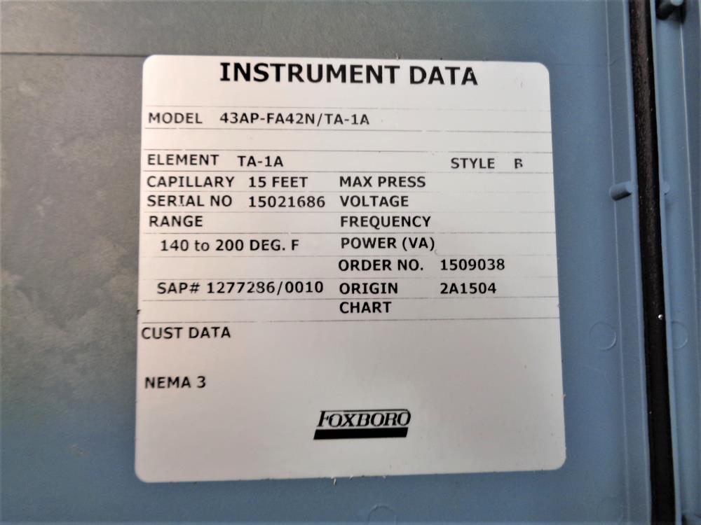 Foxboro Pneumatic Controller #43AP-FA42N/TA-1A 